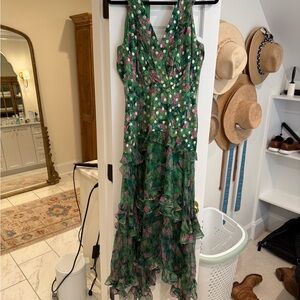 SALONI Green Floral V-Neck Ruffle Maxi Dress